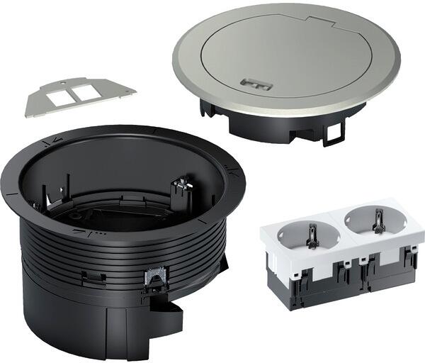 Hager BSR02D01 Installationsdose R02, 2x SCHUKO, Keystone Typ 01 2-f, Metall Klappdeckel silber