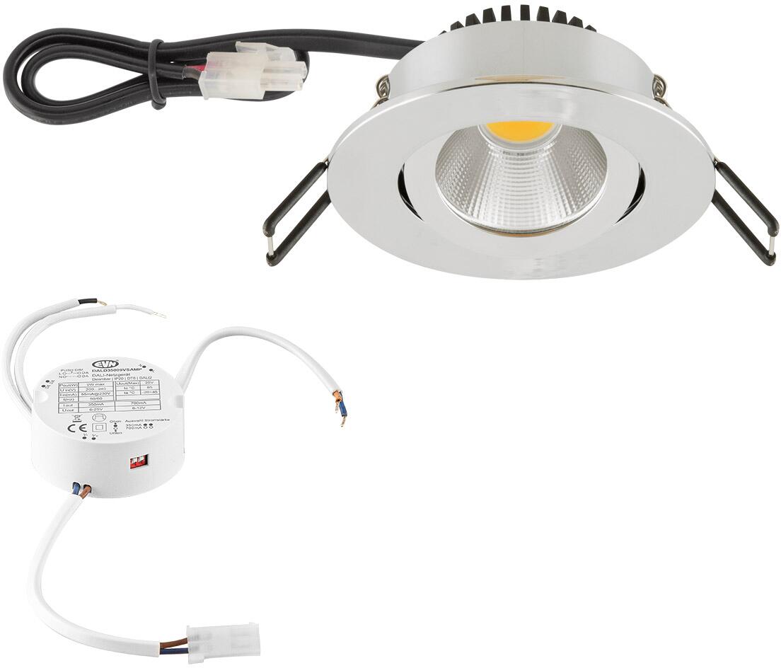 EVN PC20-Serie LED Deckeneinbau, rund, schwenkbar, IP20, 200-240V, 6W, 3000K, 620lm, inkl. DALI-Netzgerät, chrom (PC20D61102)