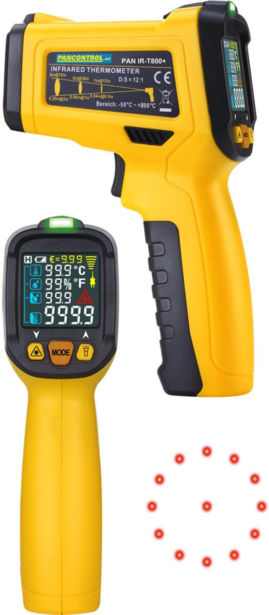 Pancontrol PAN IR-T800+ Profi-Infrarot-Thermometer 12:1 mit Laser-Messkreisanzeige, Taupunktanzeige, Luftfeuchtemessung, Schimmelalarm, UV-Licht