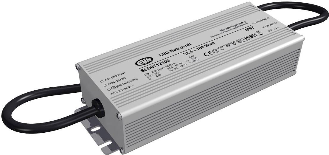 EVN SLD-Serie Netzgerät 12V/DC, 32,4-100W, IP67, Primär: 220-240V/AC dimmbar mit Phasenan- und Phasenabschnitt-Dimmer (SLD6712100)