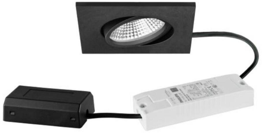 Brumberg BB25 LED-Einbaustrahlerset mit LED-Modul, Konverter DALI dimmbar und Anschlussbox, IP65, 7W, 3000K, quadratisch, schwenkbar, schwarz struktur