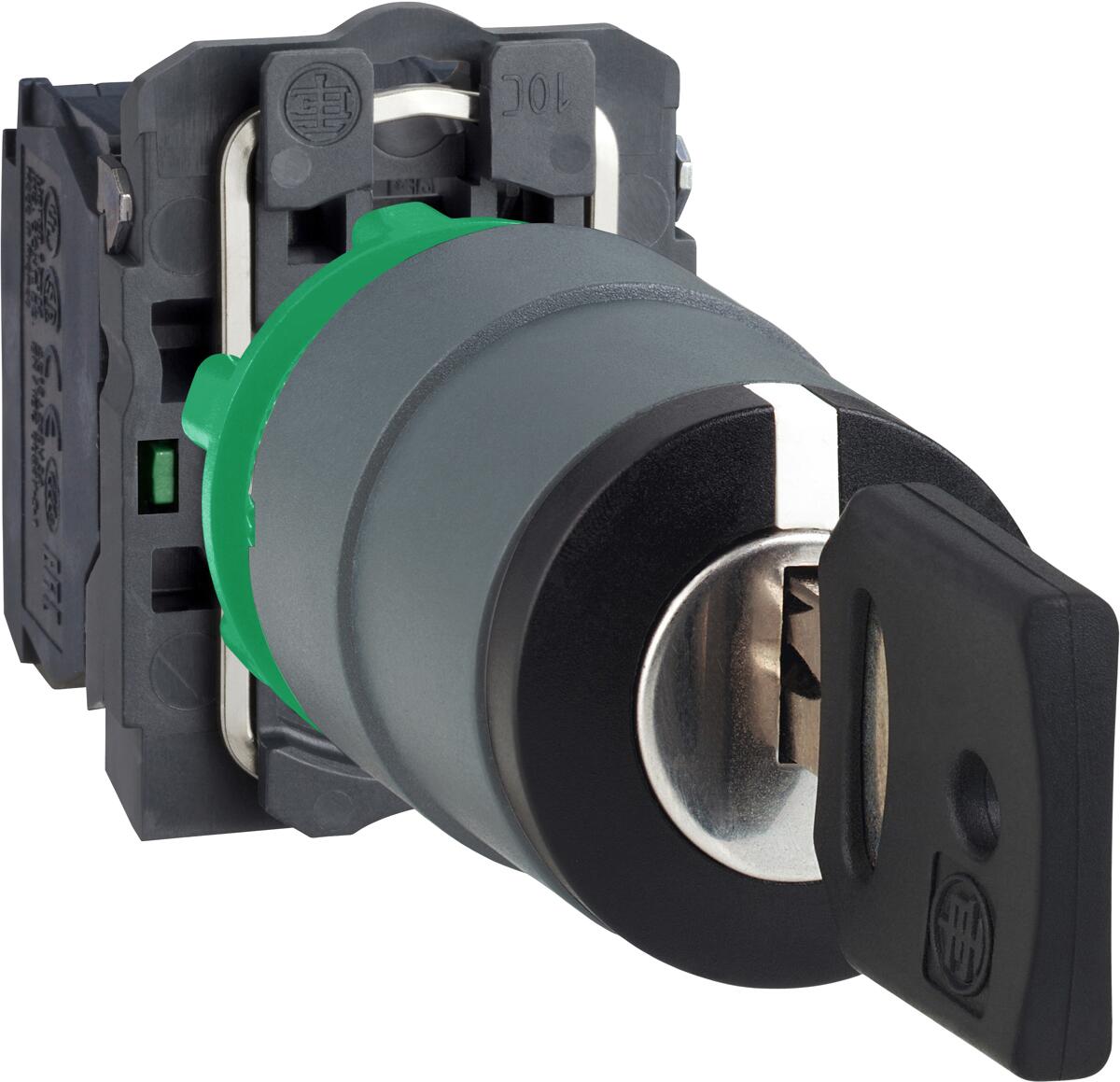 Schneider Electric XB5AG33C0 Harmony XB5, Schlüsselschalter, Kunststoff, hellgrau, 3 Stellungen, 22mm, rastend, Ronis 455, 2S, schwarz