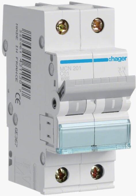 Hager MCN201 Leitungsschutzschalter 2 polig 6kA C-Charakteristik 1A 2 Module