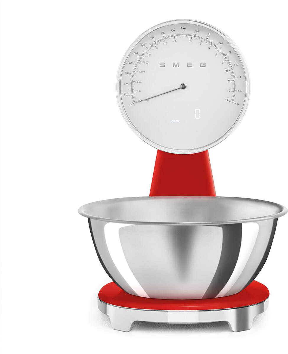 Smeg KSF01RDWW 50"s Style Analoge & Digitale Portionswaage, Vollsichtskala mit LED-Display, max. Tragkraft 5,0 kg, rot
