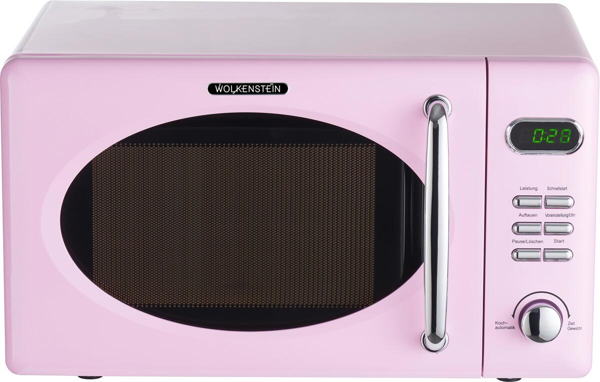 Wolkenstein WMW720 SP Retro Stand Mikrowelle, 700W, 20L, 5 Leitungsstufen, Auftaufunktion, 8 Automatikprogramme, Kindersicherung, Timer, Pink glänzend