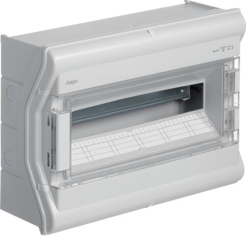 Hager VE118PN Vector Kleinverteiler, Aufputz, 1-reihig, IP65, 18PLE, UV-stabil, mit metrischer Leitungseinführung, grau