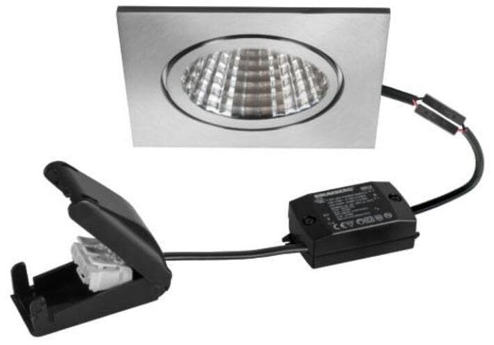 Brumberg ITANSA-S BB16 LED-Einbaudownlight, 230VAC, 50Hz, 38°, 6W, 730lm, 3000K, CRI>80, schaltbar, mit Anschlussbox, quadratisch, edelstahl (38476423
