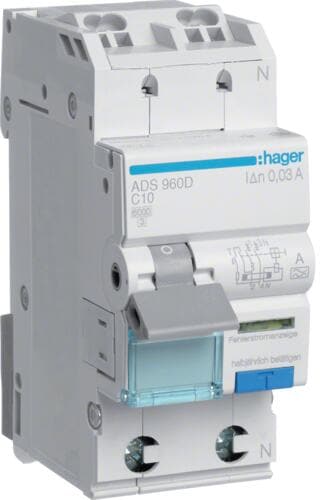 Hager ADS960D Fehlerstrom-Leitungsschutzschalter 1P+N 6kA C-10A 30mA Typ A QuickConnect