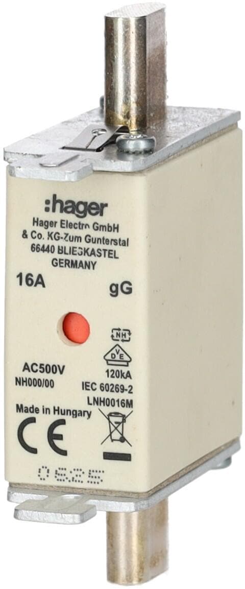 Hager LNH0016M NH-Sicherungseinsatz, NH000, gG, 500V, 16A, Kombimelder, Grifflasche spannungsführend