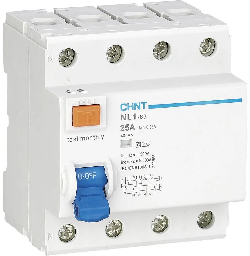 Chint Fehlerstrom-Schutzschalter, 4-polig, 25 A, 300mA, 10kA, weiß blau (200372)
