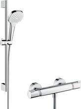 hansgrohe Croma Select E Brausesystem Aufputz Vario mit Ecostat Comfort Thermostat und Duschstange 65 cm, Messing, 14,7 l/min, 110 mm, Weiß/Chrom, (27081400)