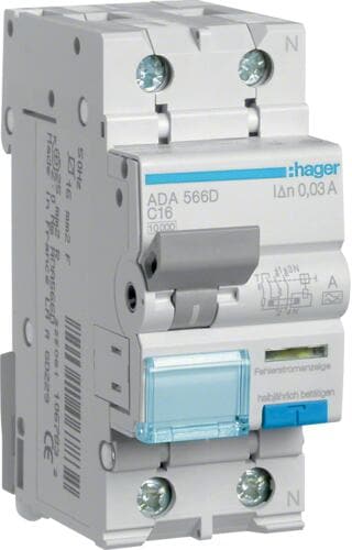 Hager ADA566D Fehlerstrom-Leitungsschutzschalter, FI/LS-Schalter, 1P+N 10kA C-16A 30mA Typ A