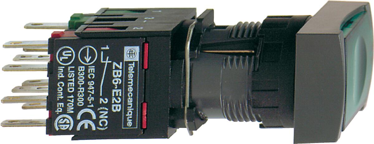 Schneider Electric XB6DF3B5B Leuchtdrucktaster, rechteckig, Ø 16, flach, mit Rastung, 24 V, 1S+1Ö, grün