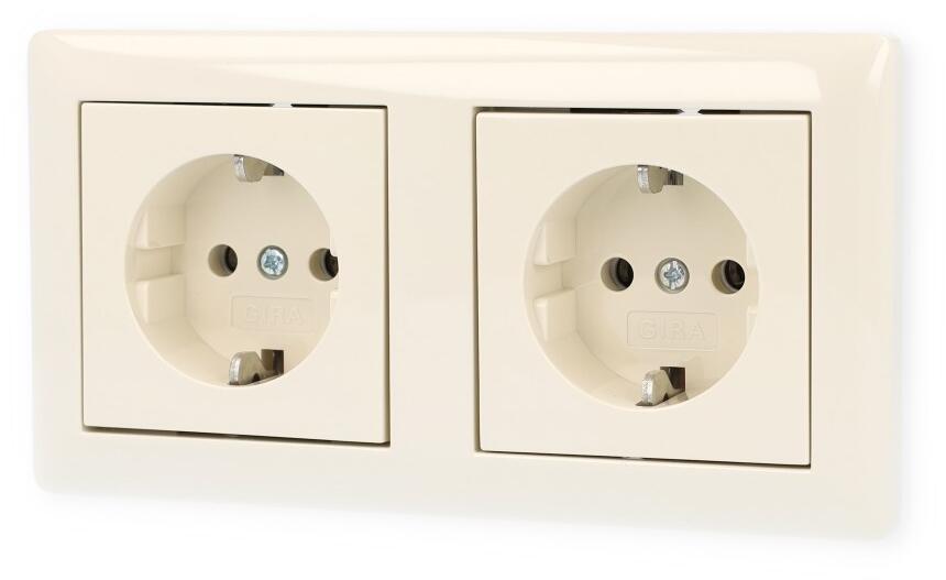 Gira 479301 SCHUKO-Steckdose 2fach 16 A 250 V~ vorverdrahtet, komplett mit Abdeckrahmen Standard 55, Cremeweiß