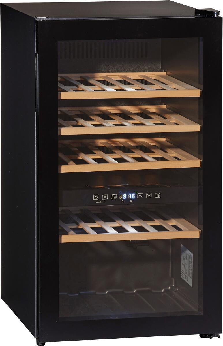 Wolkenstein WTS49DW Weintemperierschrank, 48 cm breit, 49 Standardweinflaschen, 4 Holzböden, 2 Temperaturzonen, Thermostat, schwarz