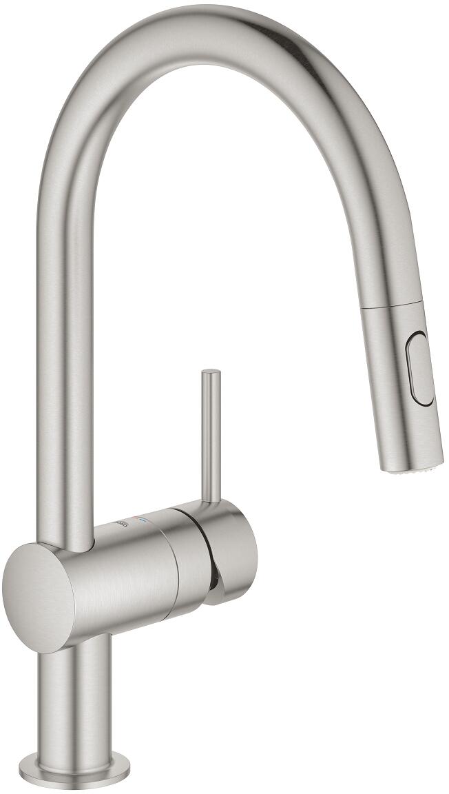 GROHE Minta Einhand-Spültischbatterie, DN15, Hochdruck, C-Auslauf, herausziehbare Dual Spülbrause, supersteel (32321DC2)