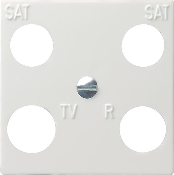 Zentralplatte (50 x 50 mm) für Koaxial-Antennensteckdose 4fach mit 2 zusätzlichen SAT-Anschlüssen der Fa. Hirschmann, System 55, Reinweiß glänzend, Gi