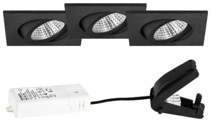 Brumberg BB05 LED-Einbaustrahlerset mit 3 Leuchten, einem Konverter Phasenabschnitt dimmbar und Anschlussbox, quadratisch, 3x6W, 3x630lm, 3.000K, schw