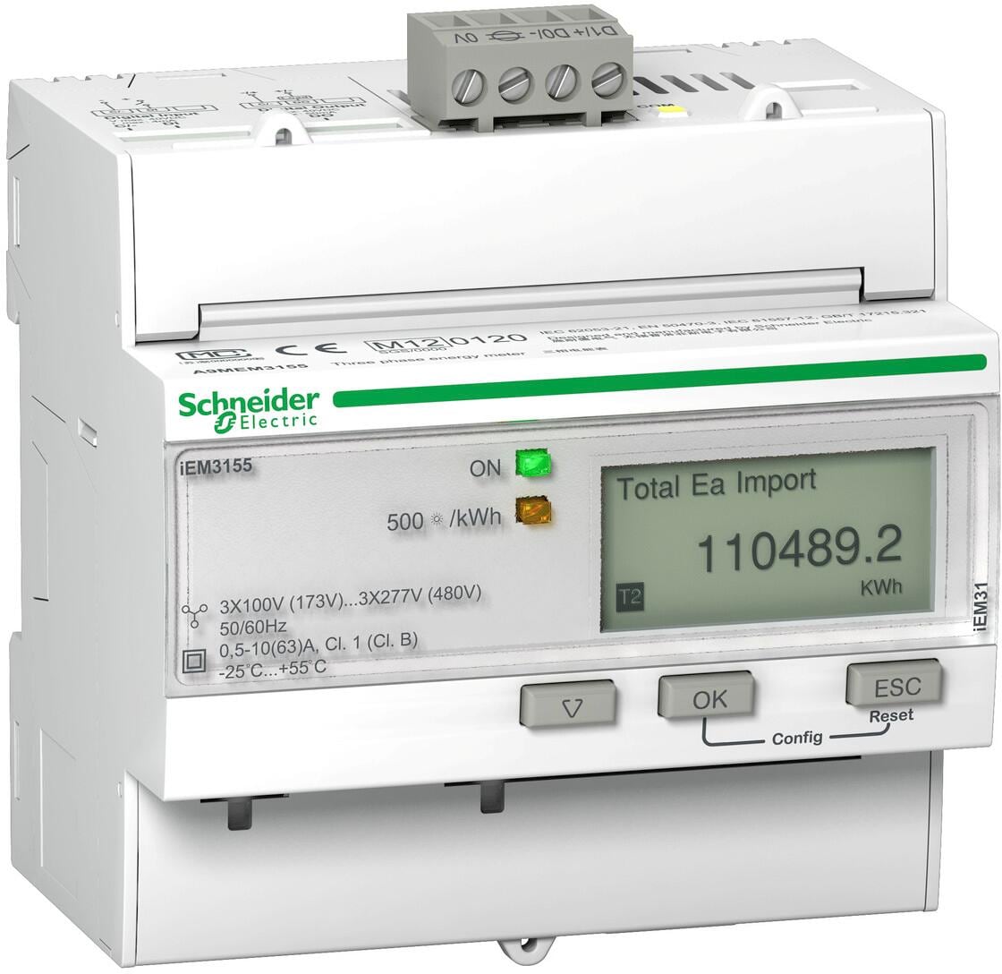 Schneider Electric iEM3155 Energiezähler 3-phasig, 63A, erweiterte Messfunktion, Modbus, 1E/1A, MID konform, Genauigkeitsklasse 1 (A9MEM3155)