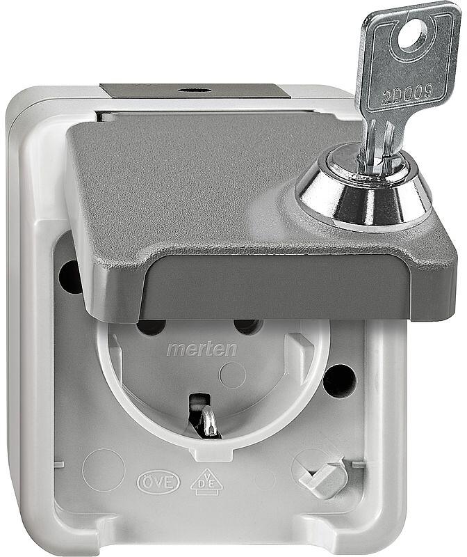 Merten MEG2417-8029 SCHUKO-Steckdose, Aquastar, 16 A, AC 250 V, Berührungsschutz, abschließbar mit gleichen Schließungen/Schloss-Nr. 200, lichtgrau