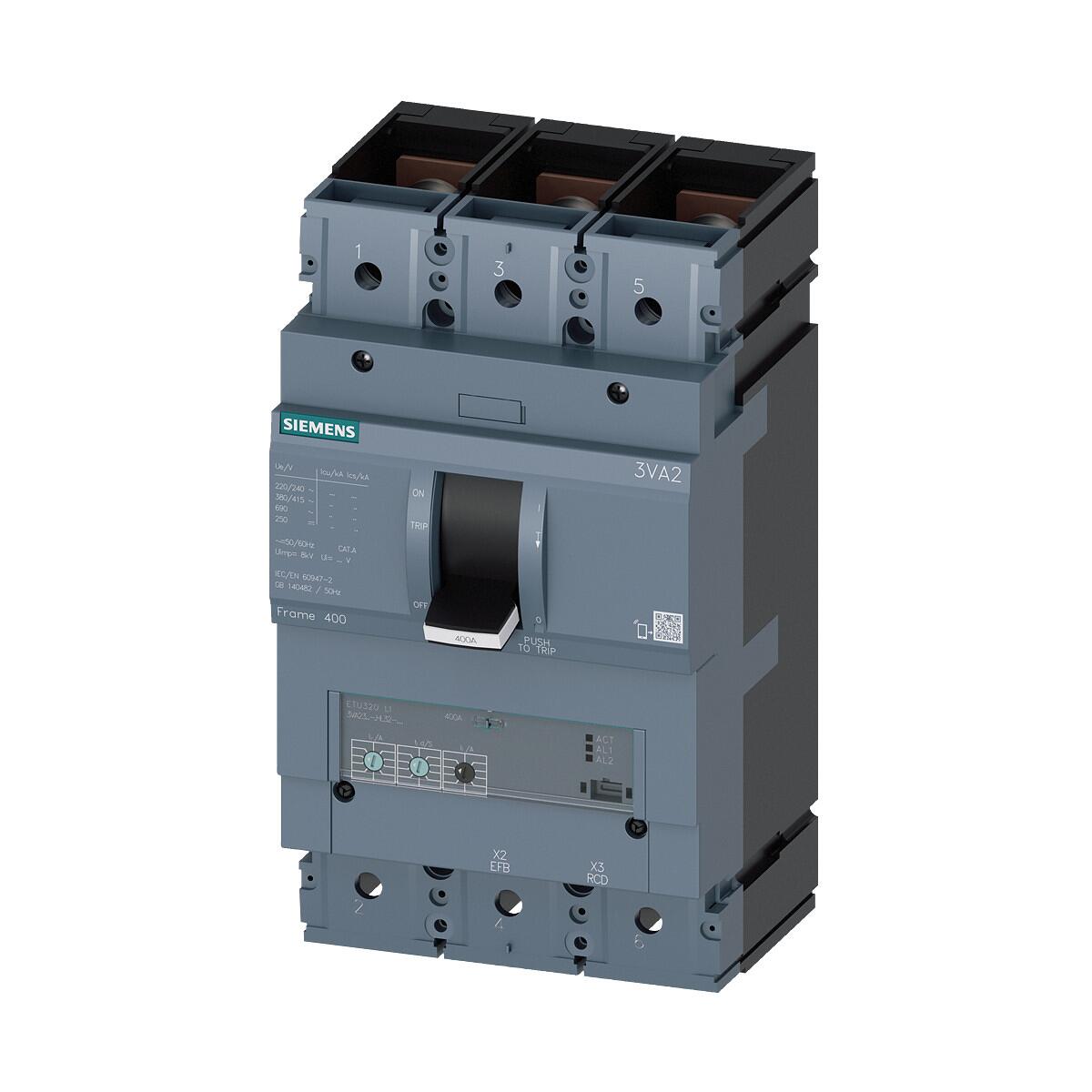 Siemens 3VA2325-5HL32-0AA0 Leistungsschalter 3VA2 IEC Frame 400 Schaltvermögensklasse M Icu=55kA @ 415V 3-polig, Anlagenschutz ETU320, LI, In=250A Übe