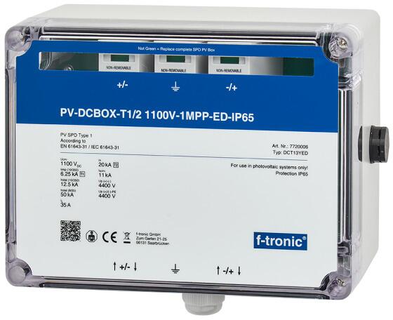 f-tronic DCT15YED Überspannungsschutz-Anschlussbox für PV-Wechselrichter, DC-Seite, Typ 1+2, 1100V, 2 MPPT, mit Einsteckdichtung, IP65, grau (7720005)