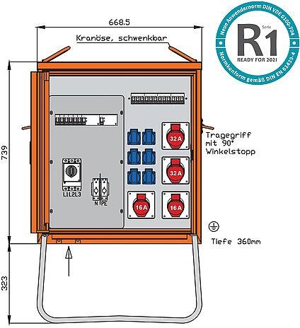 Walther WV0315R1 Verteilerschrank, 44kVA, mit RCD Typ B und RCD Typ A, 10 LS, 4 CEE-Abgänge 16-32A und 6 Schukos