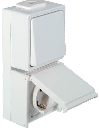 OPUS Aqua Universalschalter mit Steckdose, Aus/Wechsel Schalter, senkrecht, Aufputz, Feuchtraum, reinweiß (753.648.02)