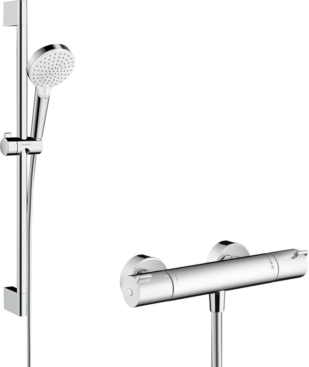 hansgrohe Crometta Brausesystem Aufputz Vario mit Ecostat 1001 CL Thermostat und Duschstange 65 cm, Messing, 13,8 l/min, 100 mm, Weiß/Chrom (27812400)