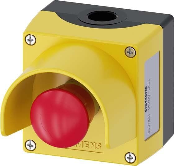 Siemens 3SU1851-0NA00-2AC2 Gehäuse für Befehlsgeräte, 22 mm, rund, mit Schutzkragen, 1 Befehlsstelle Metall, A=NOT-HALT-Pilzdrucktaster rot, 40 mm, dr