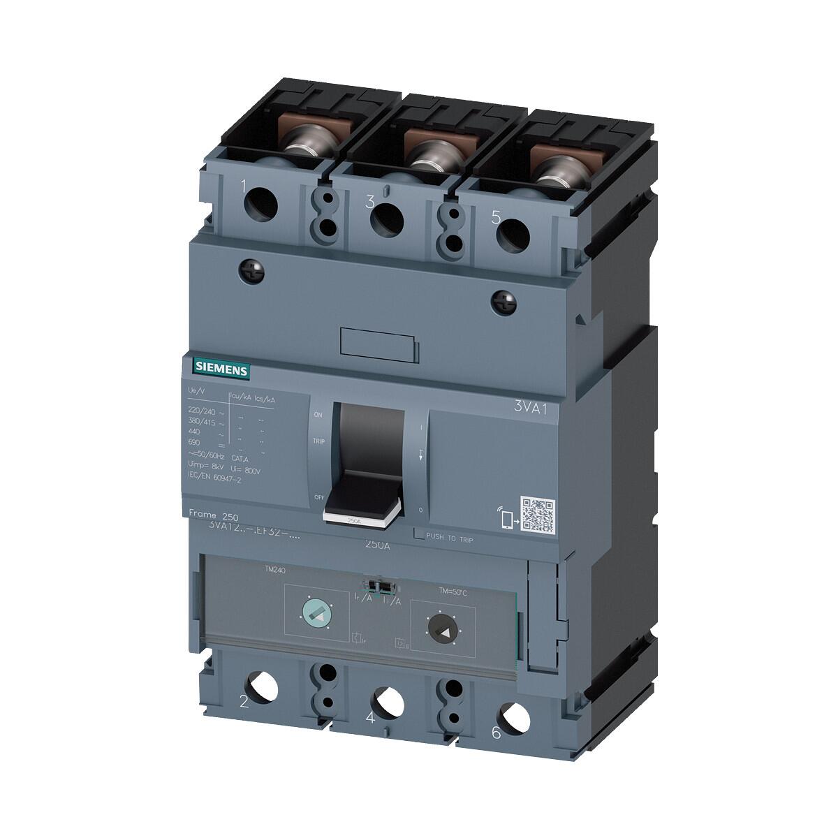 Siemens 3VA1220-4EF32-0AA0 Leistungsschalter 3VA1 IEC Frame 250 Schaltvermögensklasse S Icu=36kA @ 415V 3-polig, Anlagenschutz TM240, ATAM, In=200A Üb