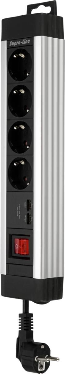 REV Steckdosenleiste Supraline, Schalter und USB, 4-Fach, 2xUSB, mit Schalter, 2,2m Kabel, silber (0014438713)