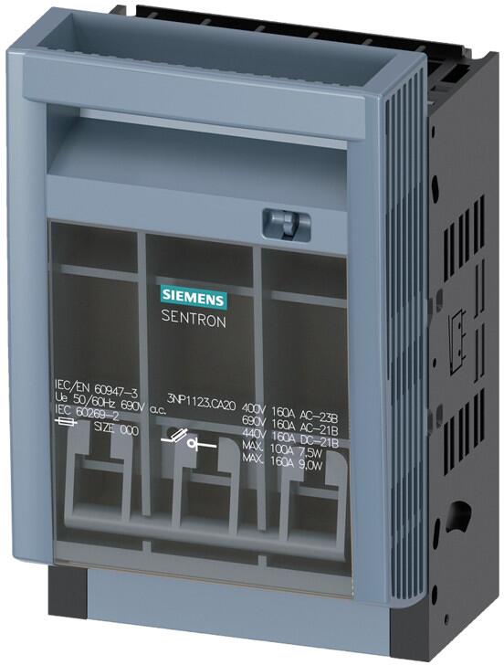 Siemens 3NP1123-1CA20 Sentron Sicherungslasttrennschalter 3NP1, 3-polig, NH000, 160 A, für Aufbau und Einbau auf Montageplatte, Rahmenklemme, Abdeckeb