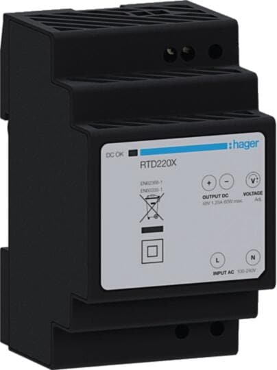 Hager Transformator, Spannungsversorgung, 230V/48V 60VA, 3 Teilungseinheiten, intercom, REG, schwarz (RTD220X)