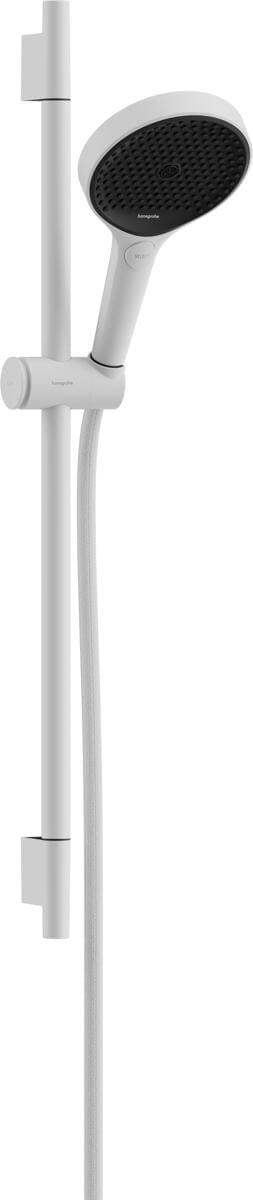 hansgrohe Rainfinity Duschset 130 3 Strahlarten mit Duschstange S Puro 65 cm, Push-Duschkopfhalterung und Designflex Textilbrauseschlauch 160 cm, Meta