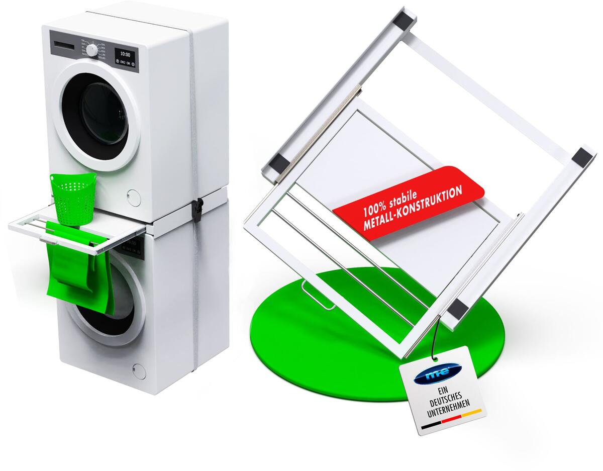 M-E ZR-57 Zwischenbaurahmen, Verrbindungsrahmen mit Ablage und Wäscheleine für Waschmaschine und Trockner, Universell, weiß (60601)