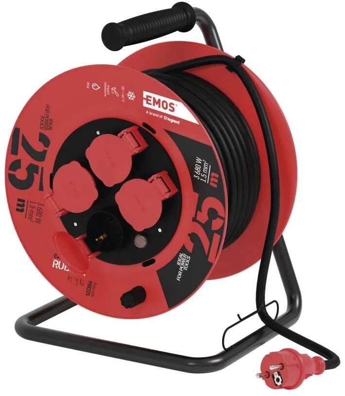 EMOS P08225 Kabeltrommel, SCHUKO, 4 Steckdosen, Länge 25m, 1,5mm², H05RR-F3G, Gummi, schwarz (1928242500)