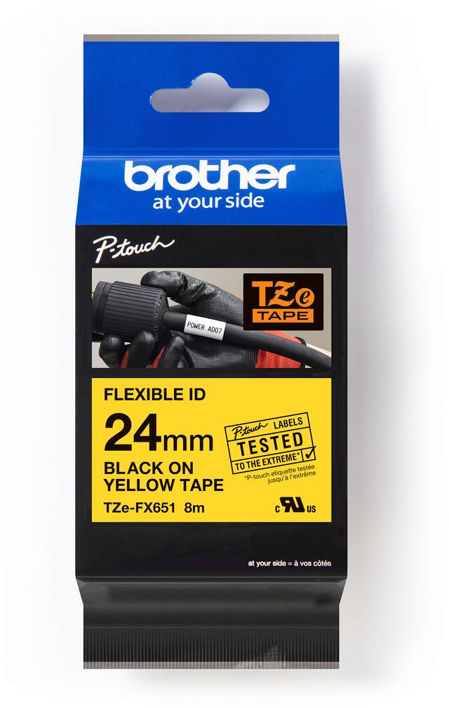 Brother TZe-FX651 Flexi-Tape laminiertes Schriftband für Beschriftungsgeräte, 24mm, 8m, schwarz/gelb