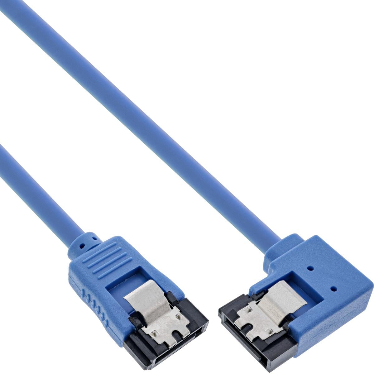 InLine SATA 6Gb/s Anschlusskabel rund, abgew. rechts, blau, mit Lasche, 0,3m (27703R)