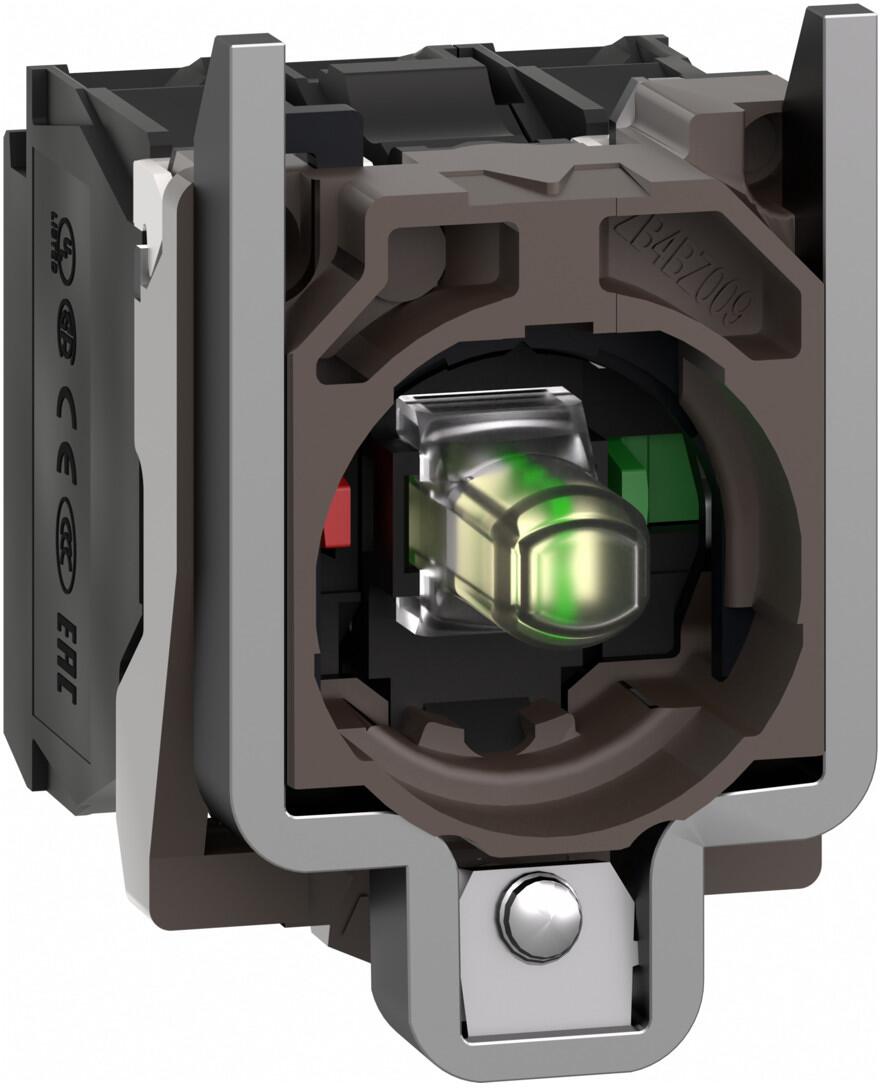 Schneider Electric ZB4BW0G15 Hilfsschalterblock mit Befestigungsflansch, Harmony XB4, universelle LED, 1S+1Ö, 110-120V AC, Metall, weiß