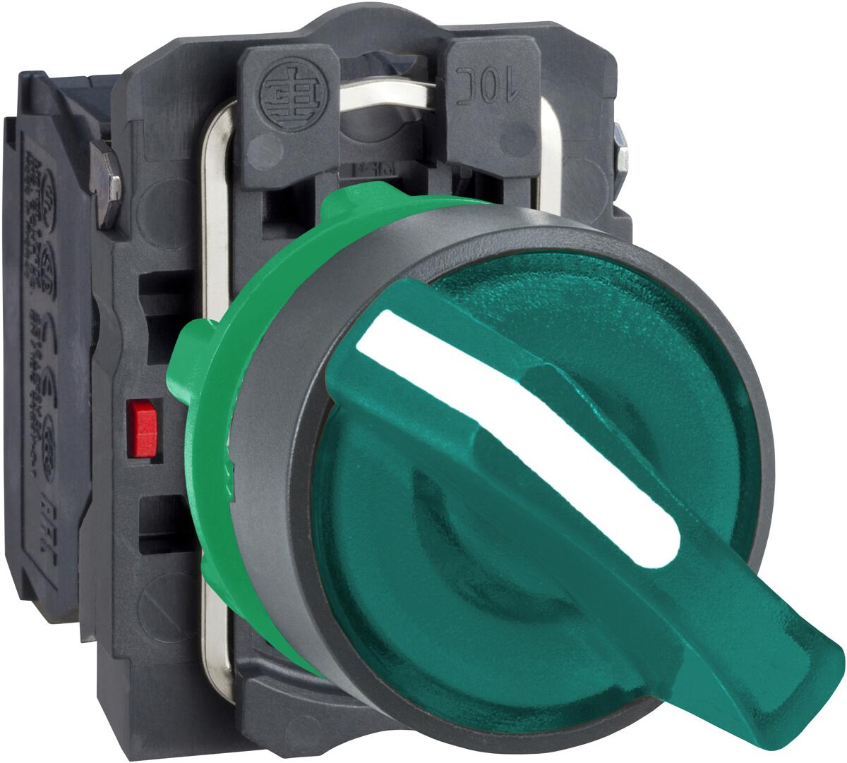 Schneider Electric XB5AK123M5 Harmony XB5, Leuchtwahlschalter, Kunststoff, 22mm, universelle LED, 2 Stellungen, 1S + 1Ö, 230-240V AC, grün