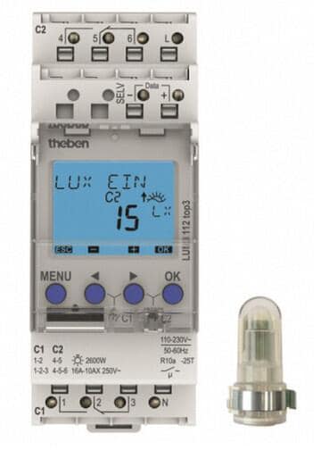 Theben LUNA 112 top3 AL Dämmerungsschalter DIN-Schiene, digital, Aufbau-Lichtsensor, 2 Kanäle 1120130