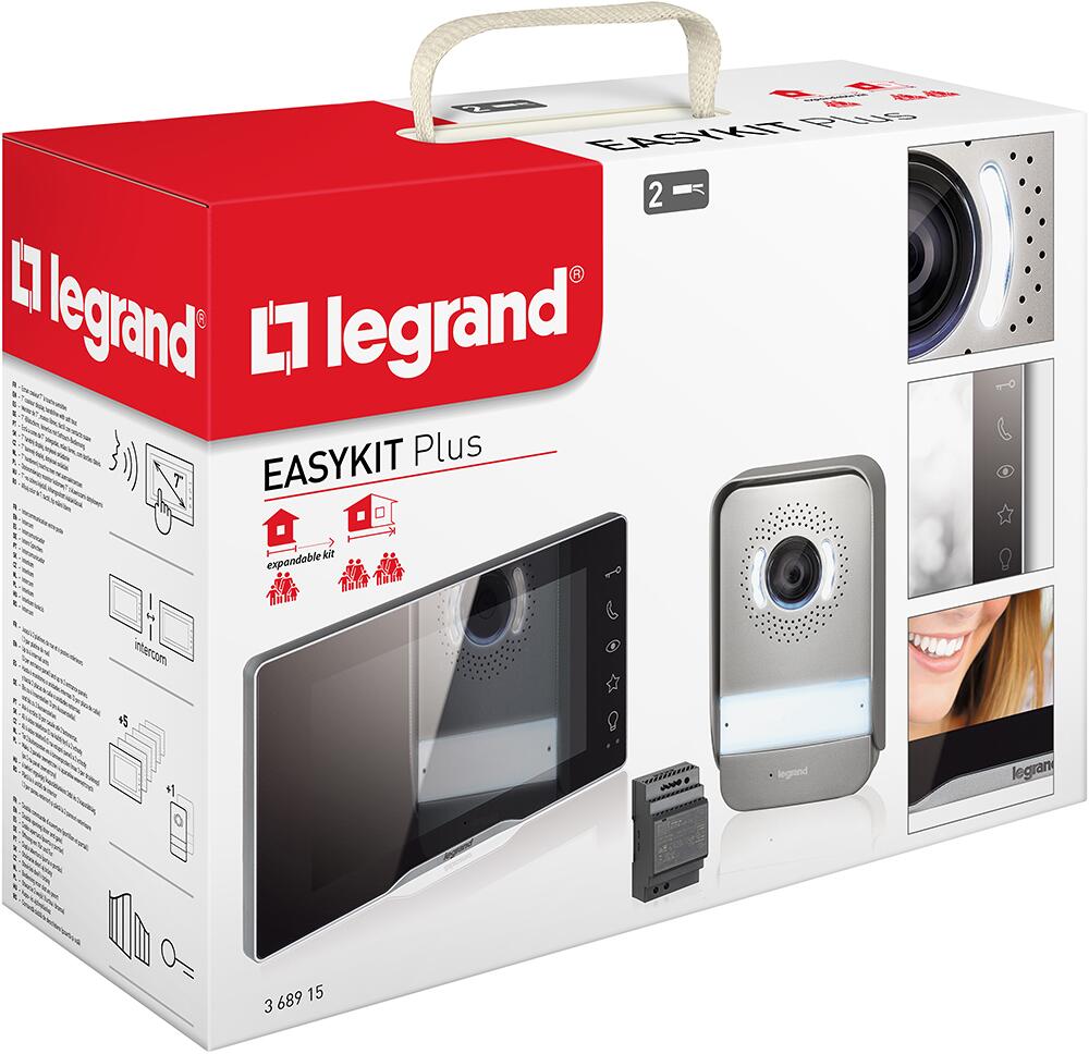 Legrand EASYKIT Plus Video-Türsprechanlagen-Set mit 2-Draht-Anschluss, 7"-Farbmonitor-verspiegelt & Weitwinkelkamera, REG-Netzgerät, IP54, IK07, silbe