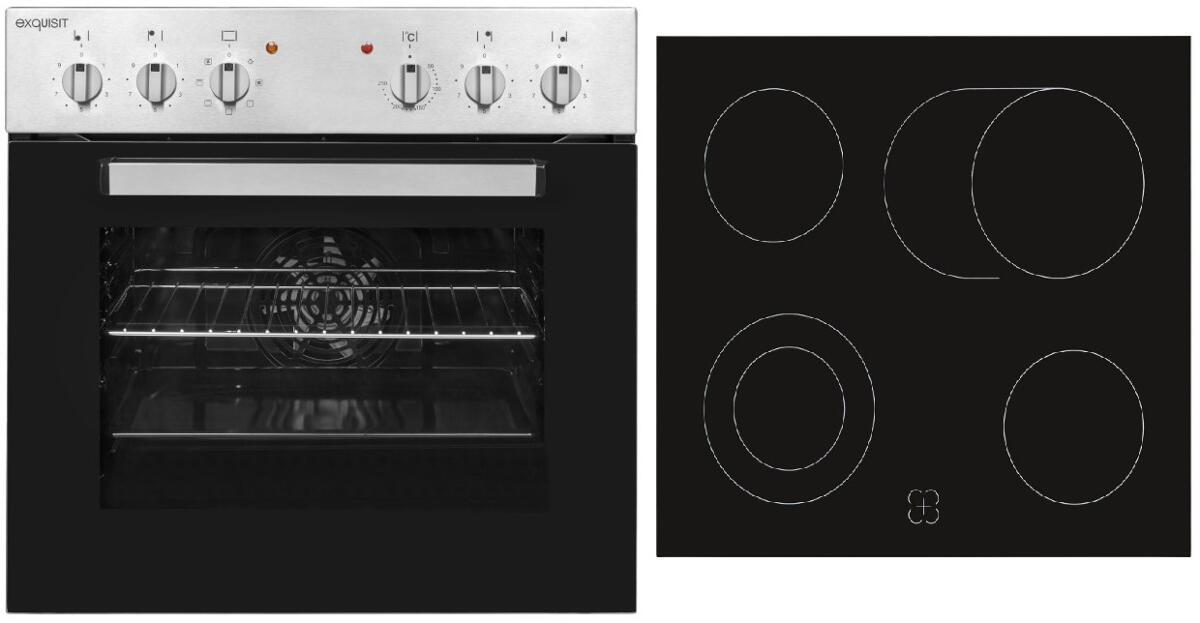 Exquisit EHE 156-2.1 UBZ-Set Herdset mit Glaskeramikkochfeld, 60 cm breit, Grillfunktion, 4 Kochzonen, Kühlventilator, Edelstahl/Schwarz