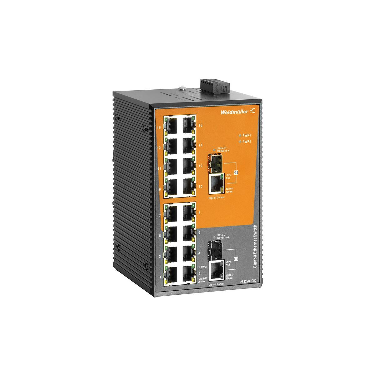 Weidmüller IE-SW-EL18-16TX-2GC Netzwerk-Switch, unmanaged, Fast/Gigabit Ethernet, 16x RJ45 10/100BaseT(X), 2x combo-ports (10/100/1000BaseT(X) or 1000