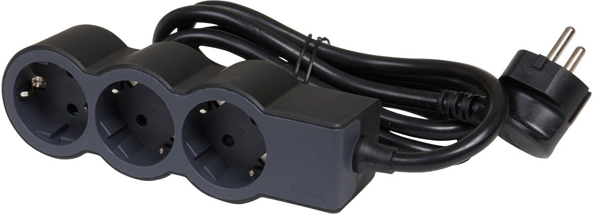 Legrand Flache Steckdosenleiste, 3-fach Steckdose, Mehrfachsteckdose, 3m Kabellänge, Schwarz/Dunkelgrau (694560)