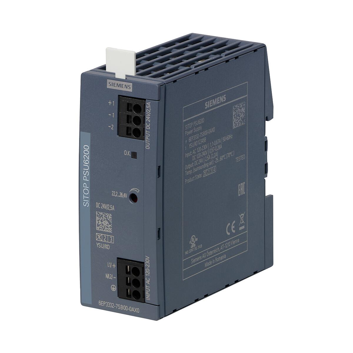 Siemens 6EP3332-7SB00-0AX0 SITOP PSU6200 24 V/2,5 A Geregelte Stromversorgung Eingang: AC 120 - 230 V (DC 120 - 240 V) Ausgang: DC 24 V/2,5 A