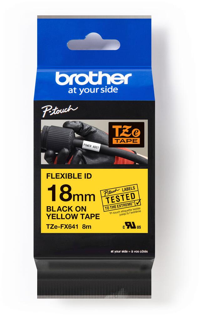 Brother TZe-FX641 Flexi-Tape laminiertes Schriftband für Beschriftungsgeräte, 18mm, 8m, schwarz/gelb