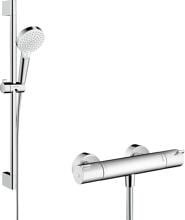 hansgrohe Crometta Brausesystem Aufputz Vario mit Ecostat 1001 CL Thermostat und Duschstange 65 cm, Messing, 13,8 l/min, 100 mm, Weiß/Chrom (27812400)