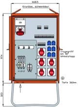 Walther Werke WV0430R1 Verteilerschrank 69kVA mit 2 RCDs Typ B und RCD Typ A, 13 LS, 6 CEE-Abgänge 16-63A und 6 Schukos